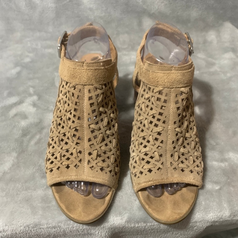 Franco Sarto Women's Tan 8.5 M Suede Perforated Block Heel Sandals Harlet 3 Boho